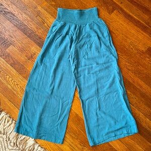 Aqua Linen Cotton Flowy Wode Leg Pants